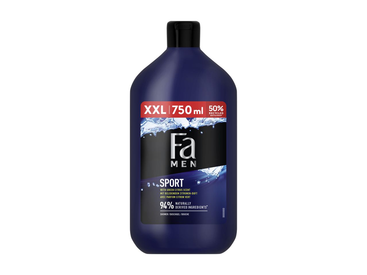 Fa Men Sport gel za prhanje v 750 ml steklenički, 50 % reciklirane plastike, z vonjem zelenih citrusov.