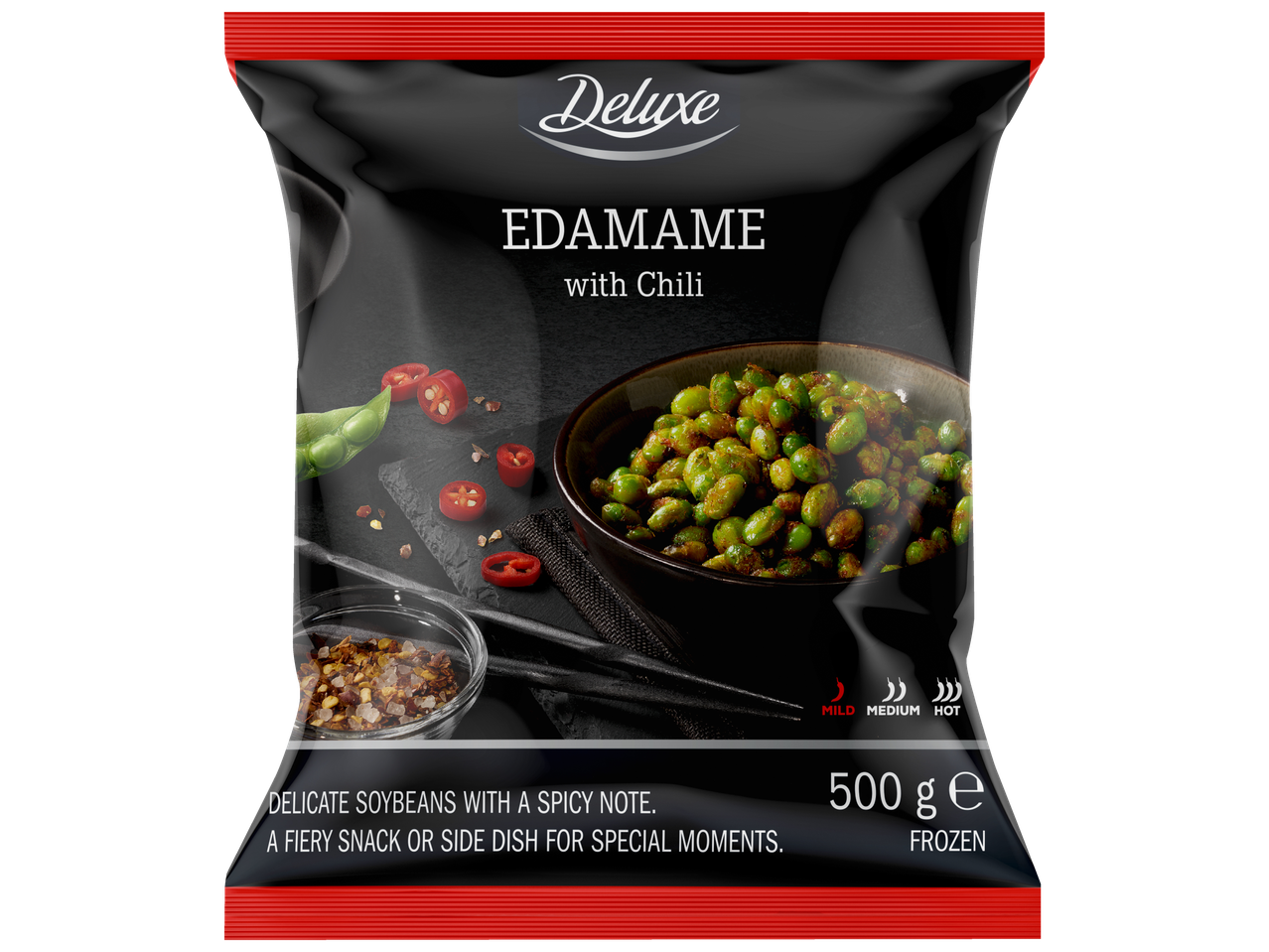 DELUXE Edamame sojaoad tšilliga, 500g, külmutatud, vürtsikuse taseme näidikuga.