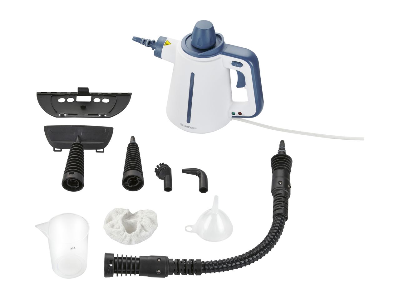 A handheld steam cleaner with various attachments for cleaning different surfaces.