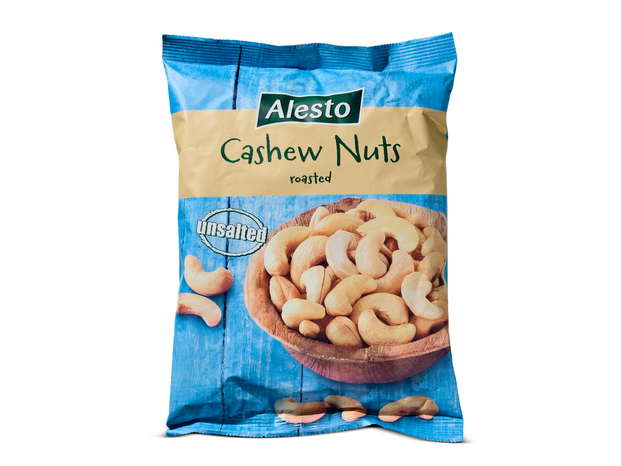 Alesto geroosterde, ongezouten cashewnoten in een zak.