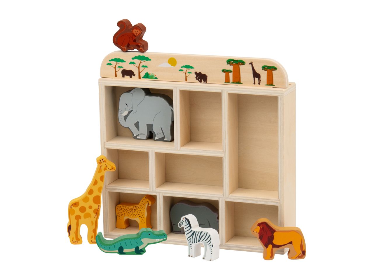 Wooden safari animal toy set with a display shelf