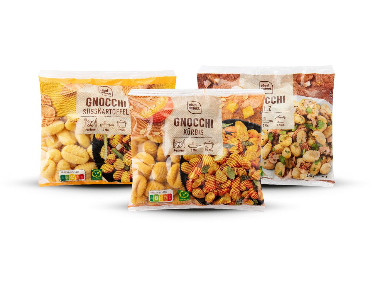 Tri pakiranja Chef Select Gnocchi: slatki krumpir, bundeva i gljive.