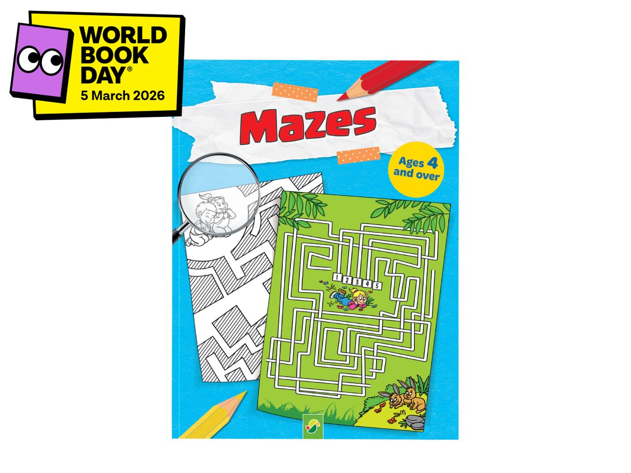 World Book Day 2026 promotion with a mazes activity book for ages 4 and over.