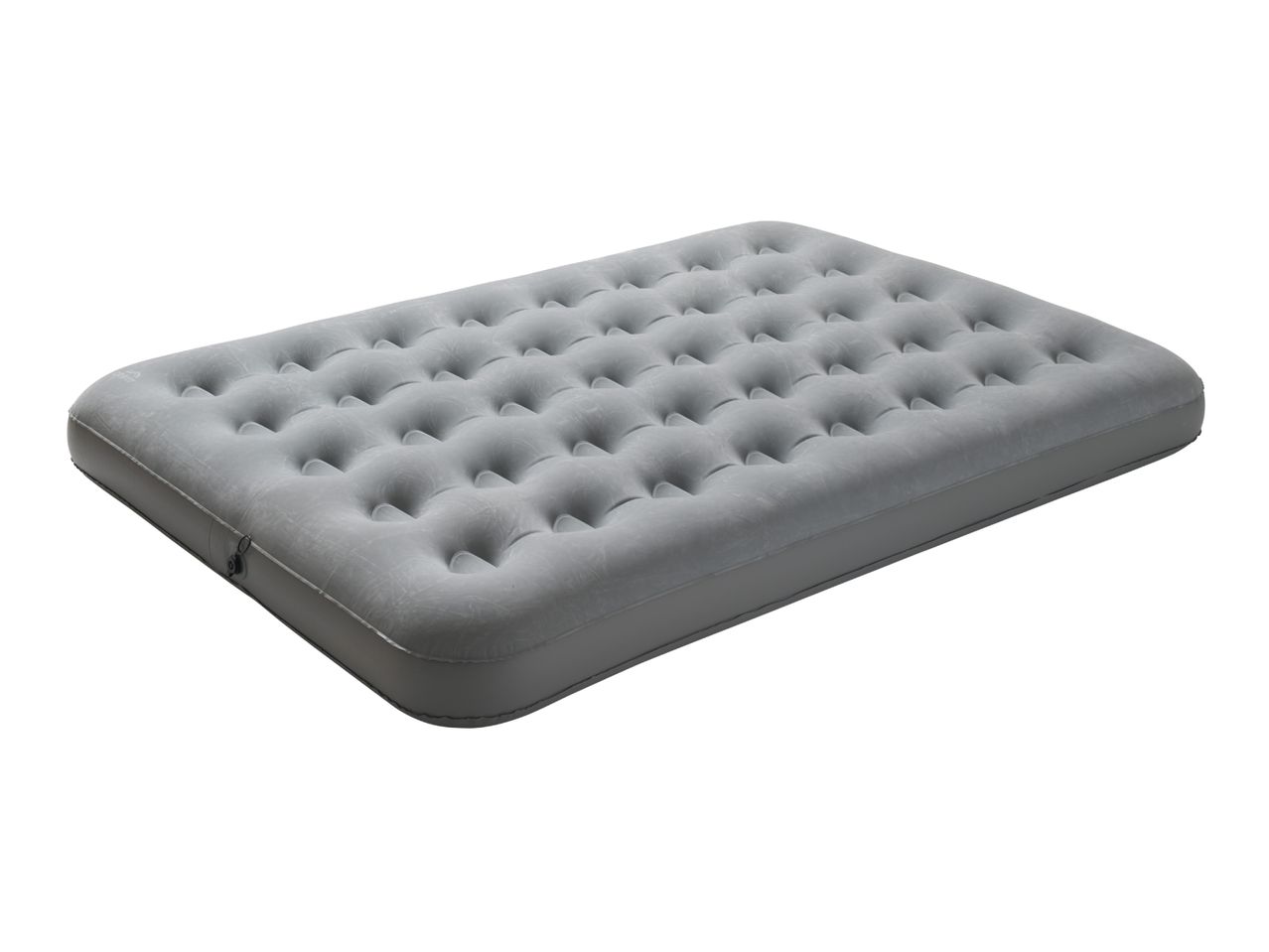 Grey inflatable air mattress with a textured surface, viewed from an angle.