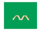 Wooden letter M with colorful shapes on a green background.