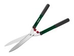 Hedge shears with long green handles and black grips, featuring silver blades and red stoppers.