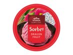 Dragon fruit sorbet in a bowl, with fresh dragon fruit and a red label.
