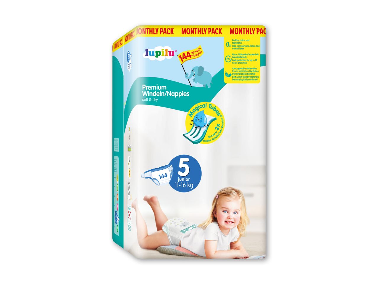 Lupilu Premium bleer, størrelse 5 (11-16 kg), 144 stk. månedspakke.