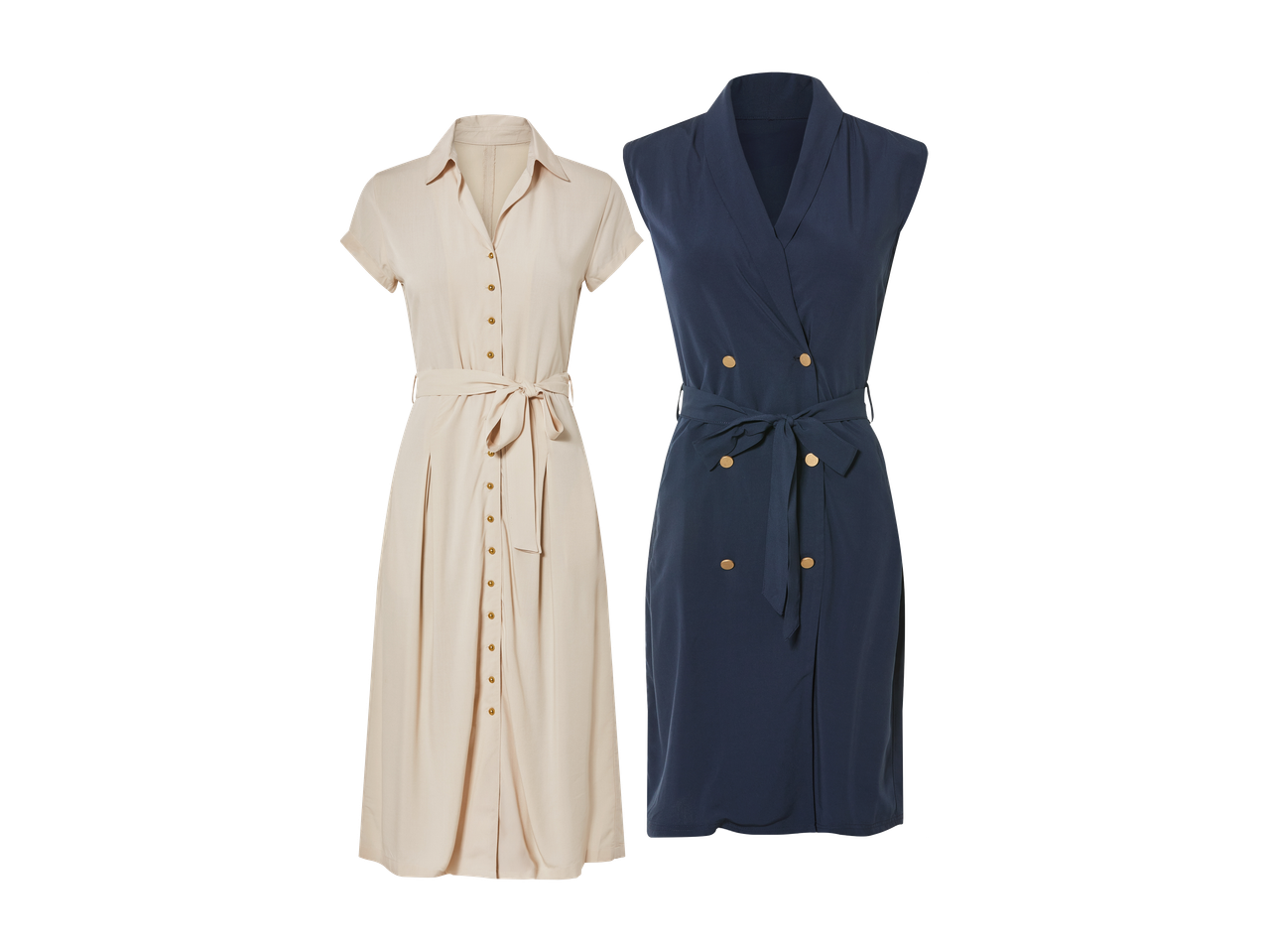 Dve obleki: bež srajčna obleka s kratkimi rokavi in mornarsko modra obleka brez rokavov.
