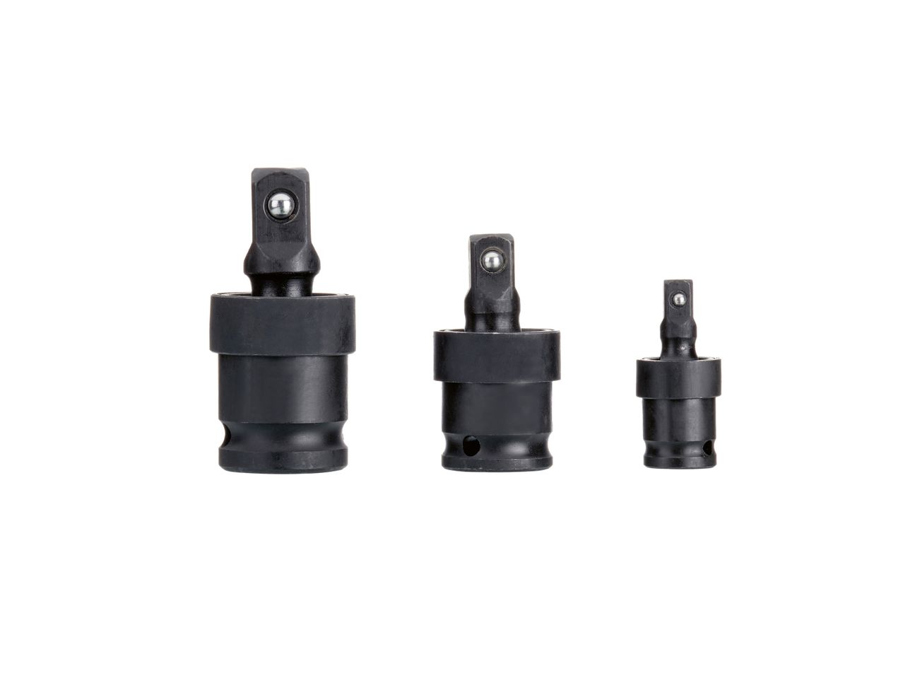 Three black universal joint socket adapters of varying sizes