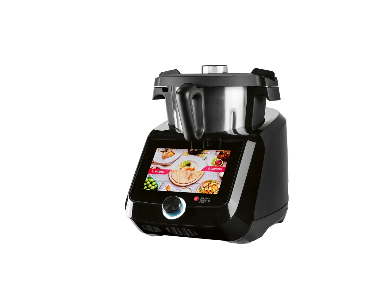 Robot de cuisine multifonction noir avec écran tactile affichant des recettes.