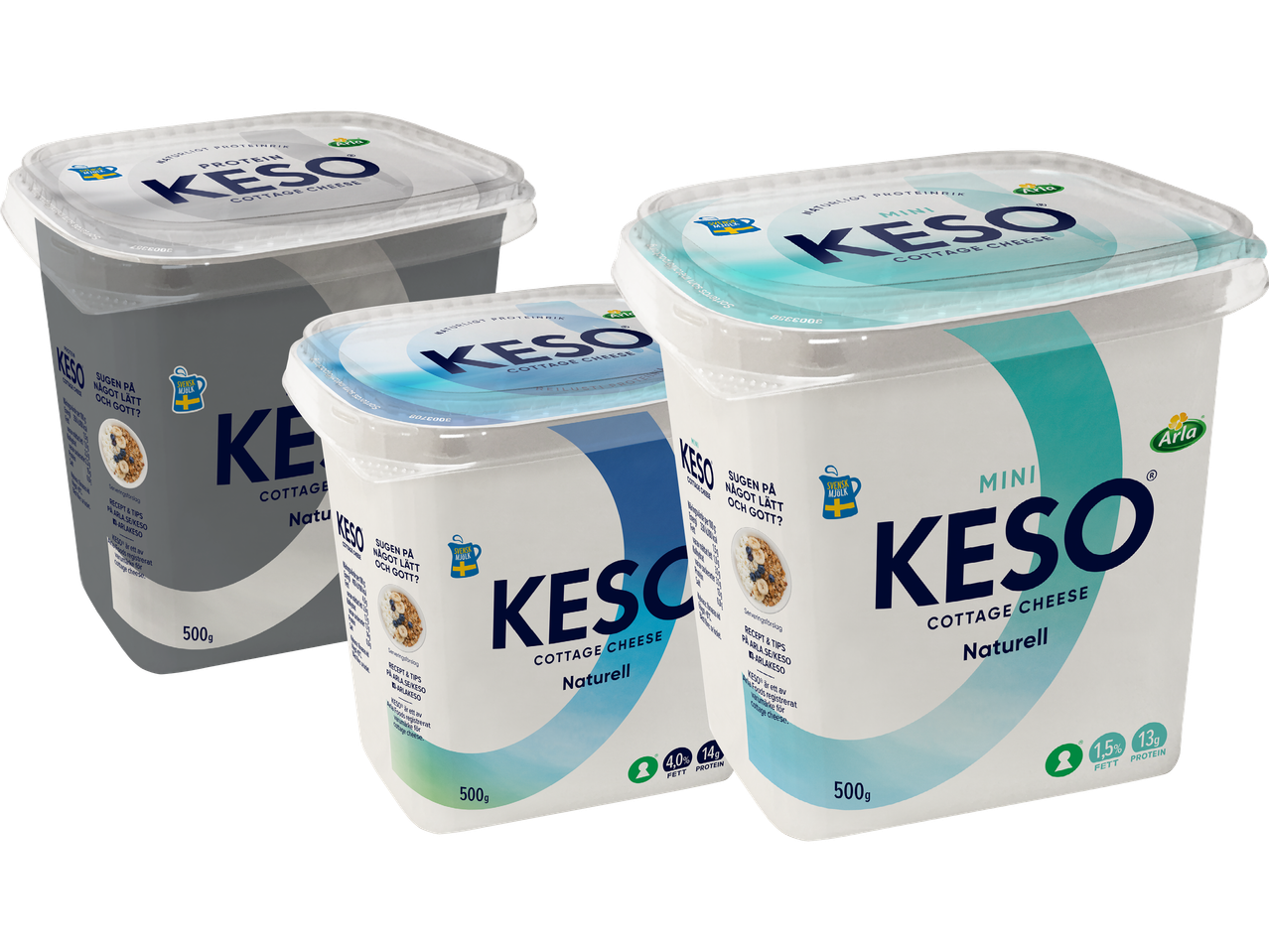 Tre förpackningar Arla KESO cottage cheese, varav två är 'Mini' med 1,5% fett och en med 4,0% fett.