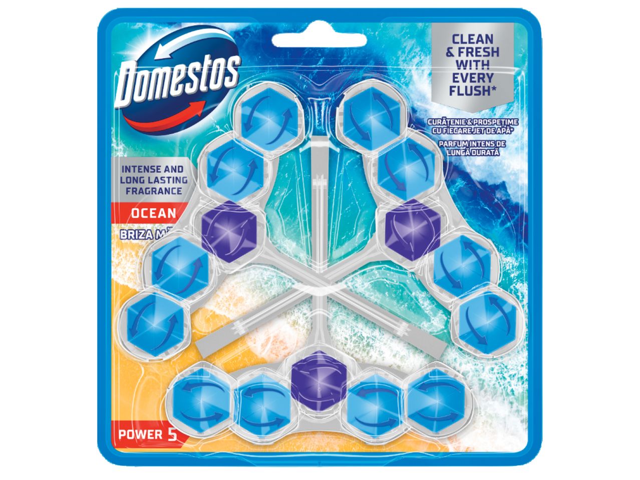 Domestos Power 5 Тоалетно блокче с аромат на океан, 3 бр./опаковка