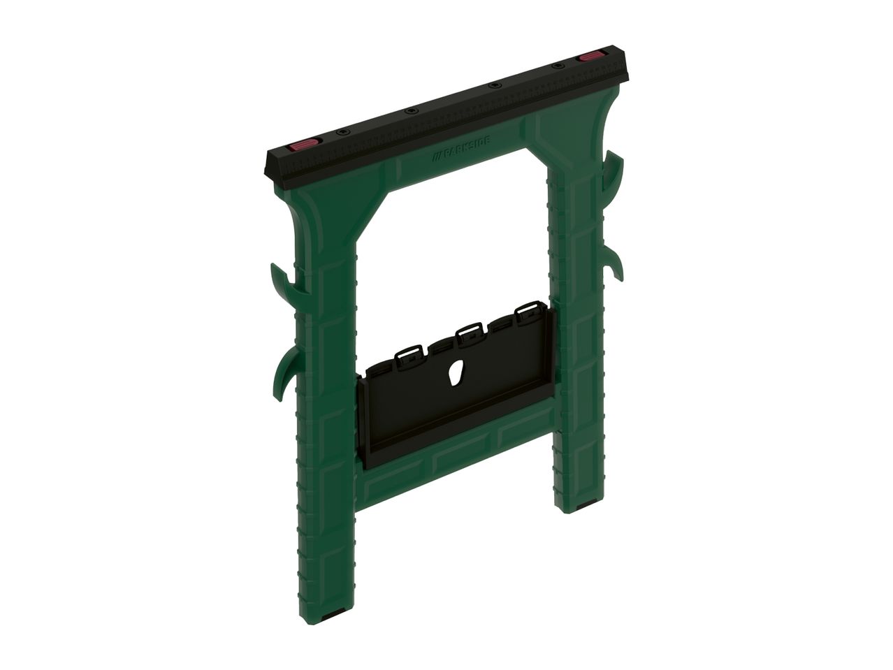 A green and black Parkside sawhorse with a ruler on top.