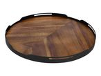 Round wooden serving tray with a black metal rim and handles, featuring a herringbone pattern.