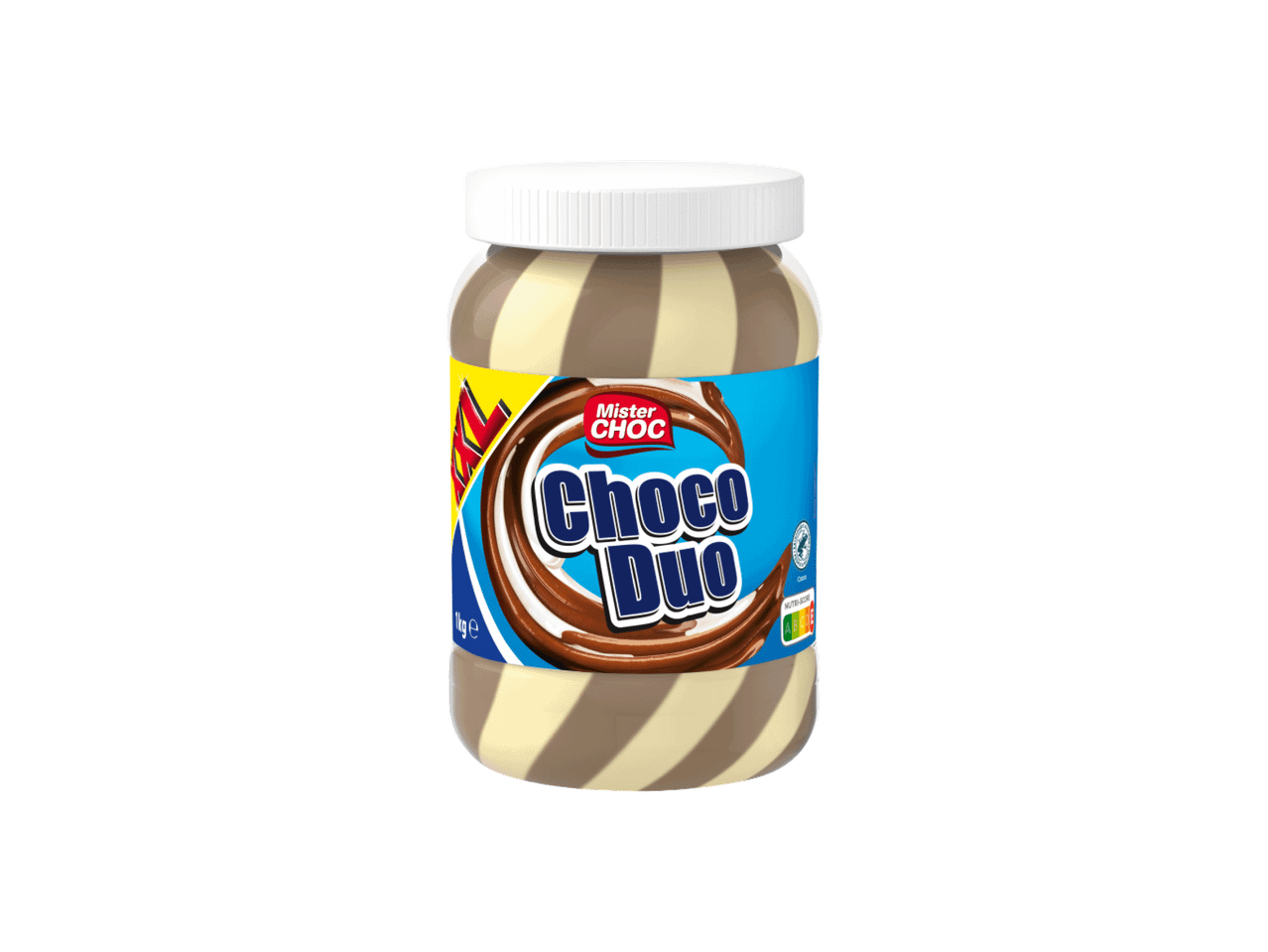 Tegla čokoladnog namaza sa belom i braon čokoladom, sa natpisom 'Choco Duo'.