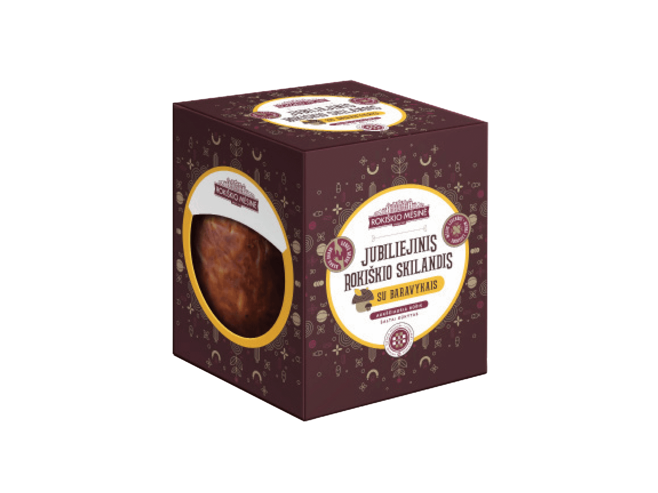 Rokiškio mėsinės jubiliejinis skilandis su baravykais, rudos spalvos pakuotėje.