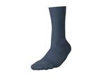 A single dark blue sock, standing upright on a white background.