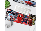 A desk mat featuring various comic book characters, with a keyboard, headphones, and mouse.