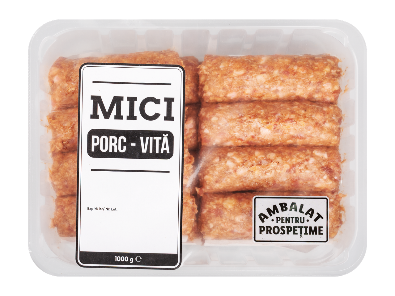 O cutie de mici de porc și vită, cântărind 1000 g.