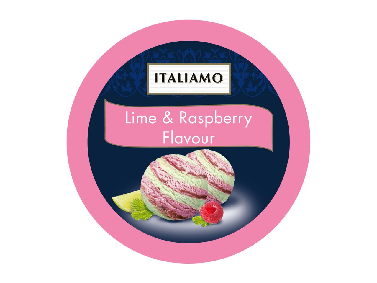 Round label for Italian Lime & Raspberry Flavour ice cream with two scoops.