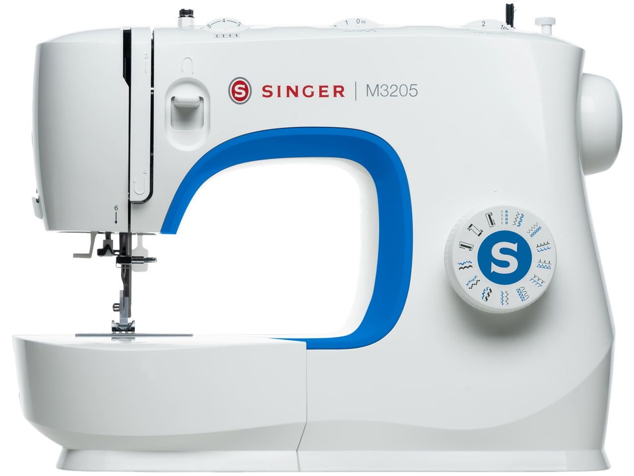 Máquina de costura SINGER M3205 branca com detalhes azuis e seletor de pontos.