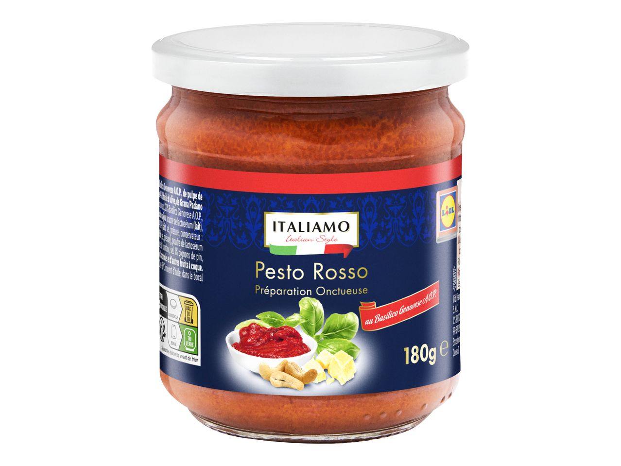 Pot de pesto rosso Italamo 180g, préparation onctueuse au basilic génoise AOP.