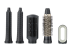 A set of five black and gold hair styling attachments, including two curling wands, a paddle brush, a round brush, and a styling concentrator.