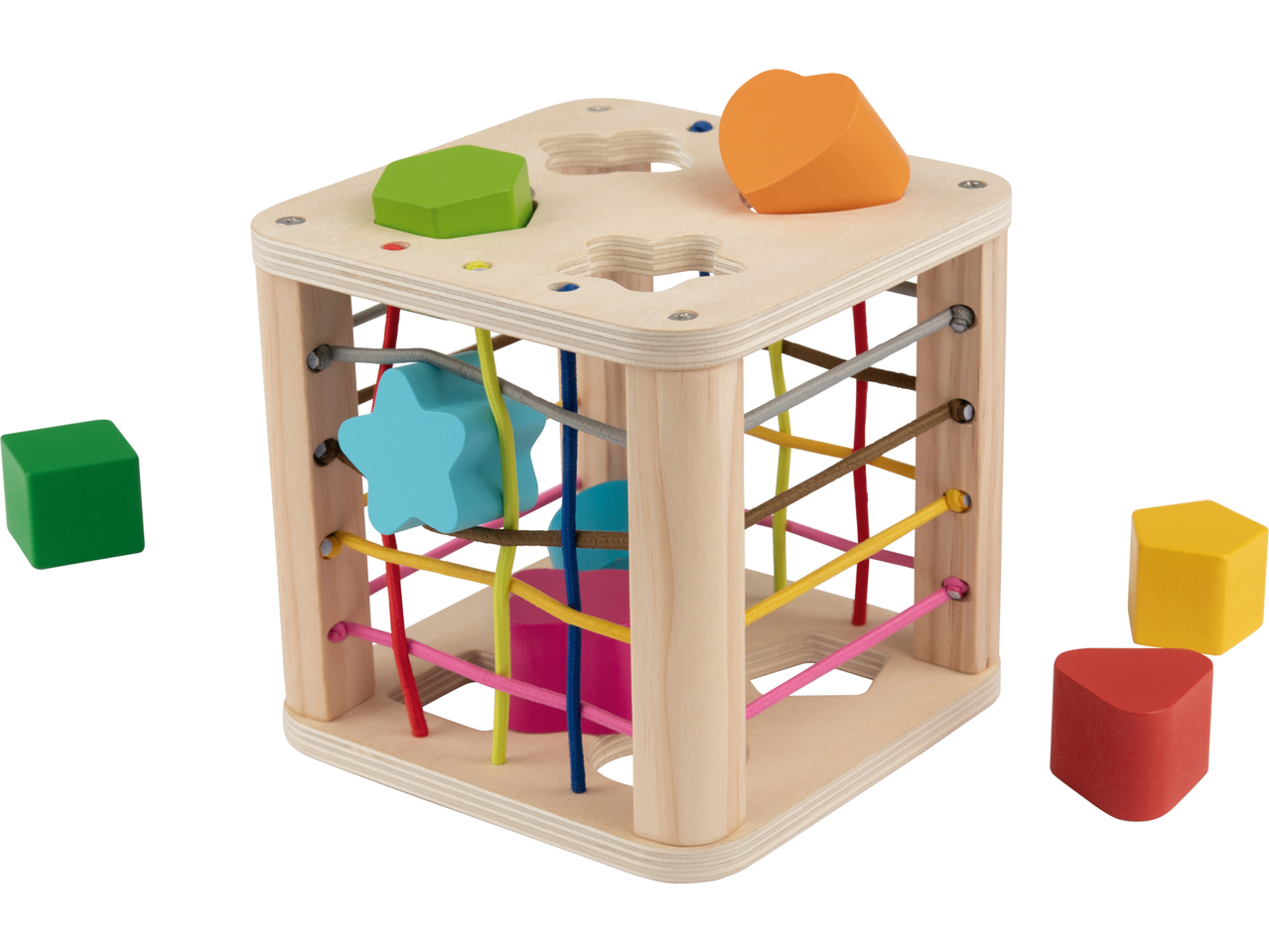 Lupilu wooden shape sorter with colorful elastic bands and blocks