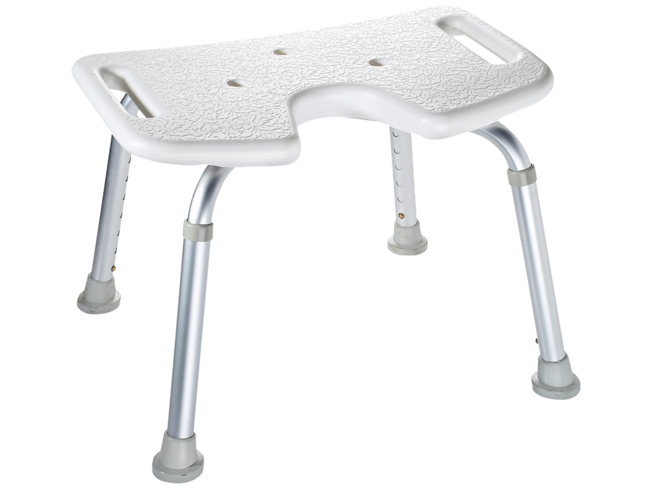 Ridder Bathroom Aids: White shower stool with textured seat and adjustable aluminum legs