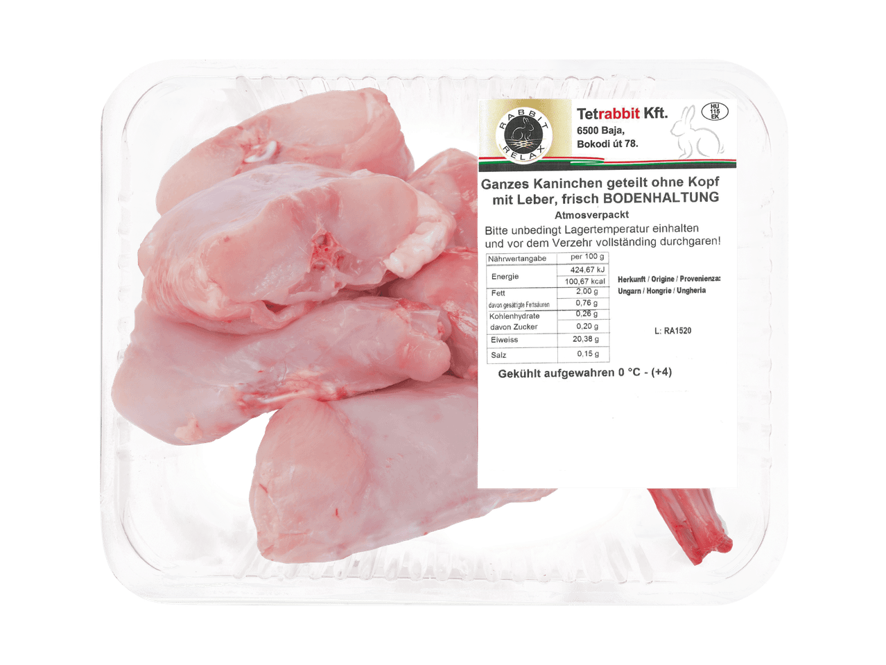 Tetrabbit Kft. Kaninchenfleisch, portionsweise verpackt und gekühlt.
