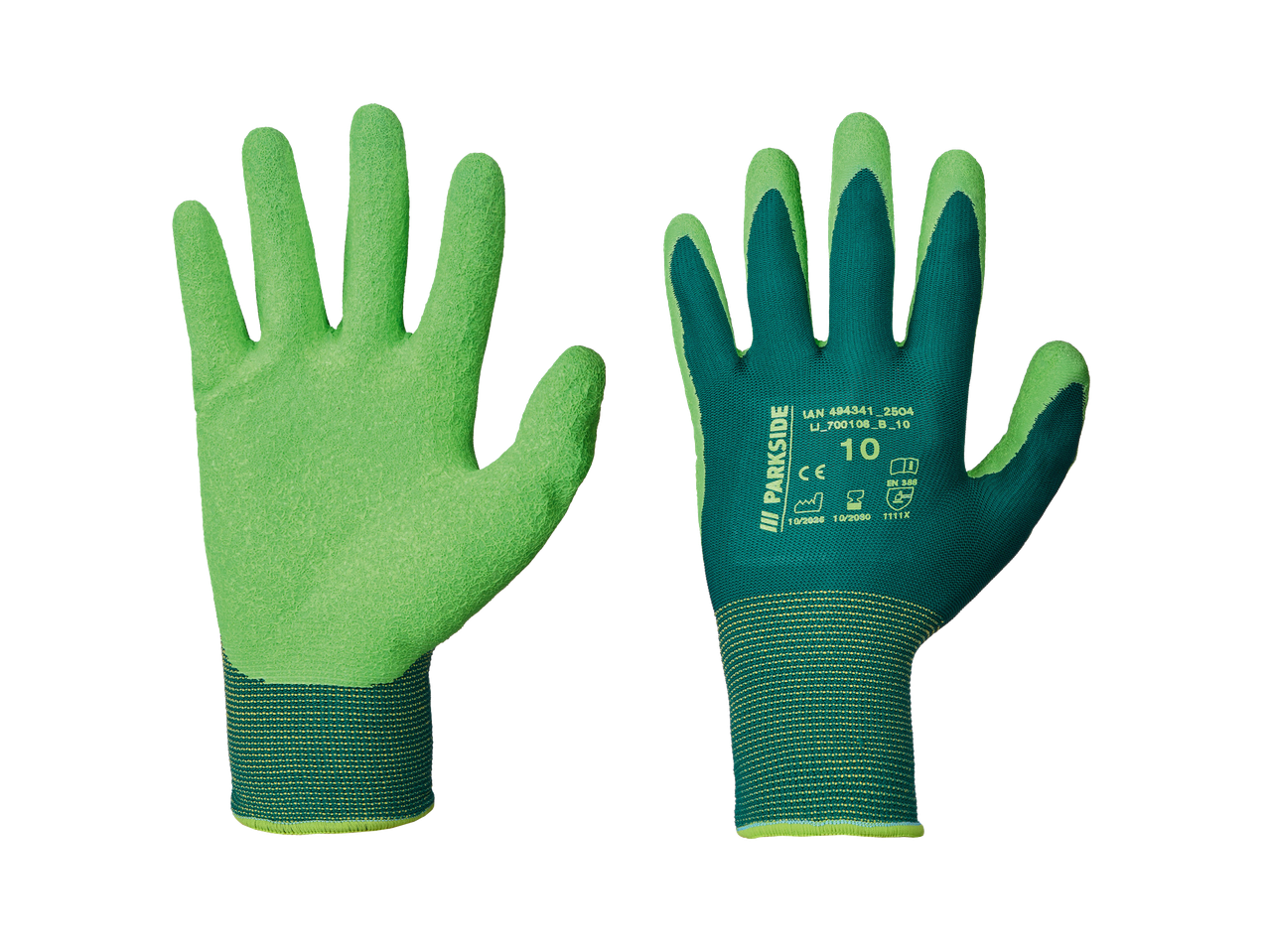 Két zöld és sötétkék munkakesztyű, az egyik tenyérrel felfelé, a másik tenyérrel lefelé.