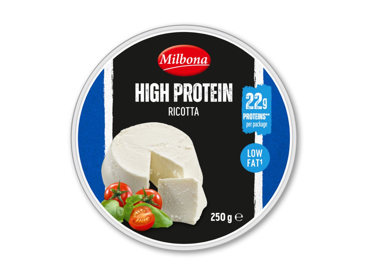 Milbona High Protein Ricotta med 22g protein og lavt fedtindhold, 250g.