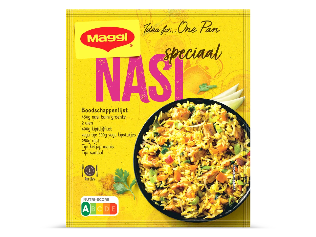 Maggi One Pan Nasi Speciaal mix met boodschappenlijst en Nutri-Score A.