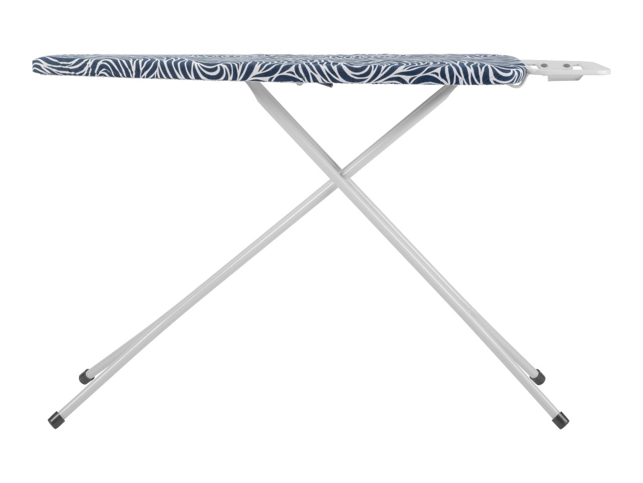 Ironing board with a blue and white patterned cover