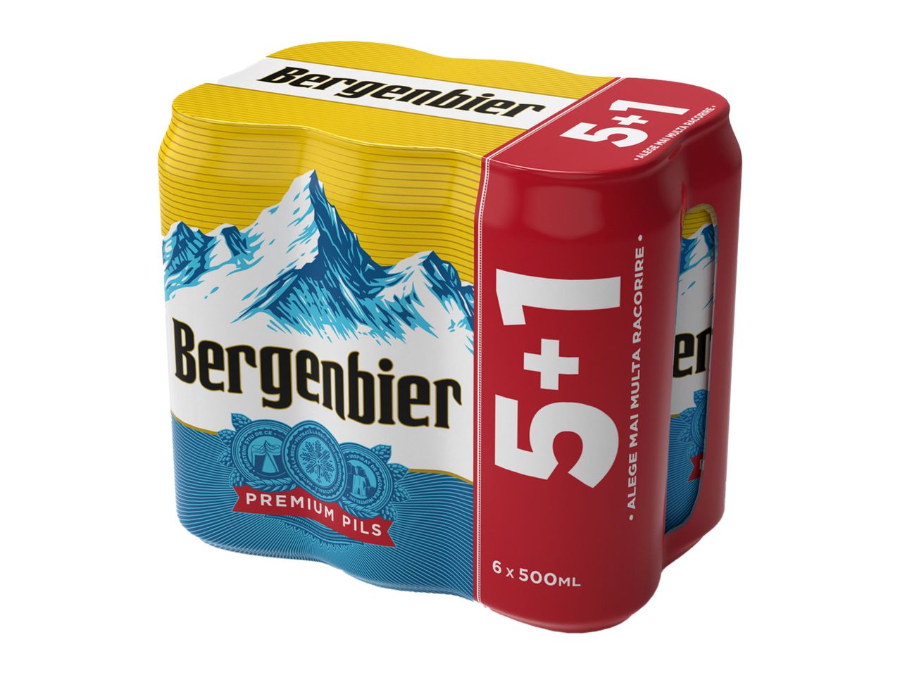 Pachet de șase beri Bergenbier, 5+1 gratuit, cu design montan și etichetă roșie.
