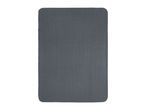 Dark grey fleece blanket with rounded corners and stitched edges.