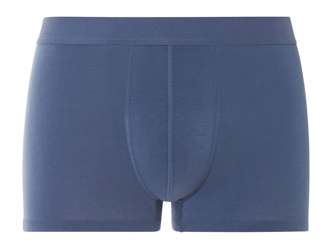 Men's blue boxer briefs with a wide waistband and visible stitching.