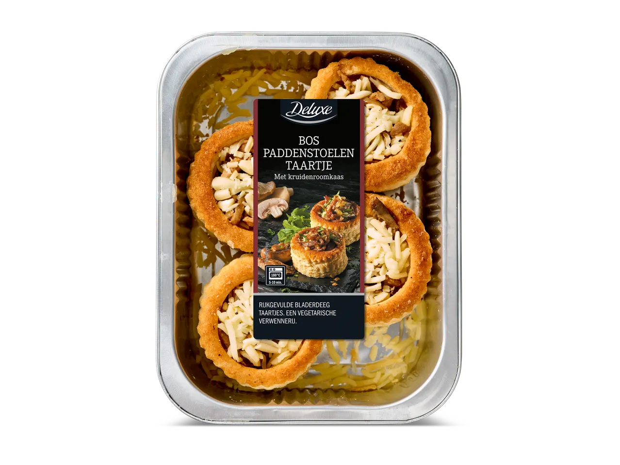 Deluxe bos paddenstoelen taartjes met kruidenroomkaas in een aluminium bakje.