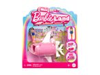 Mini Barbie Land playset featuring a pink airplane, a Barbie doll, and a playset background.