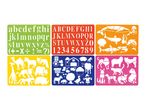 Six colorful stencils featuring alphabets, numbers, animals, and farm objects.