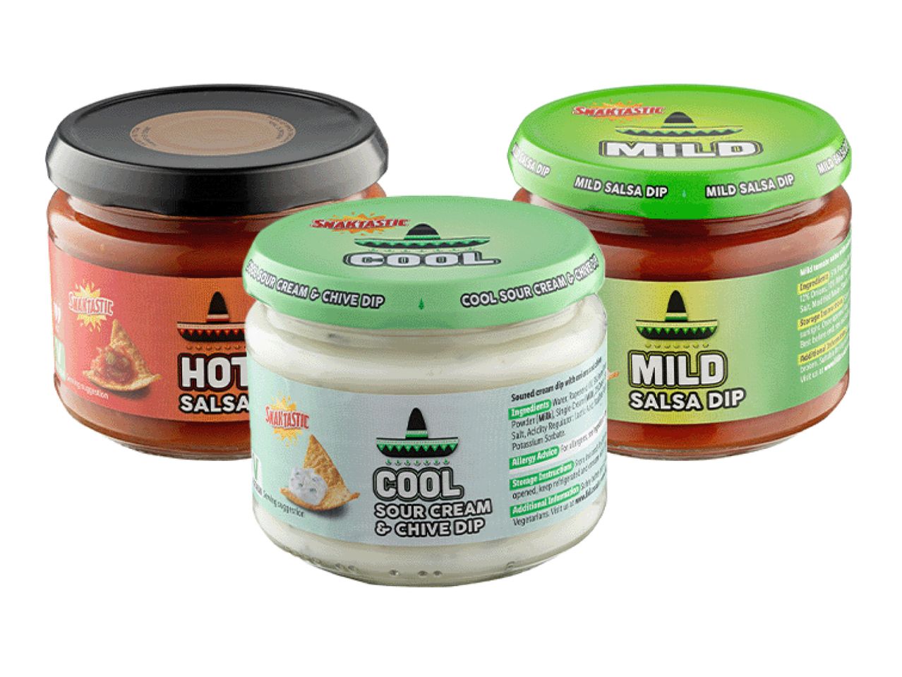 Three jars of dips: hot salsa, mild salsa, and cool sour cream & chive dip.