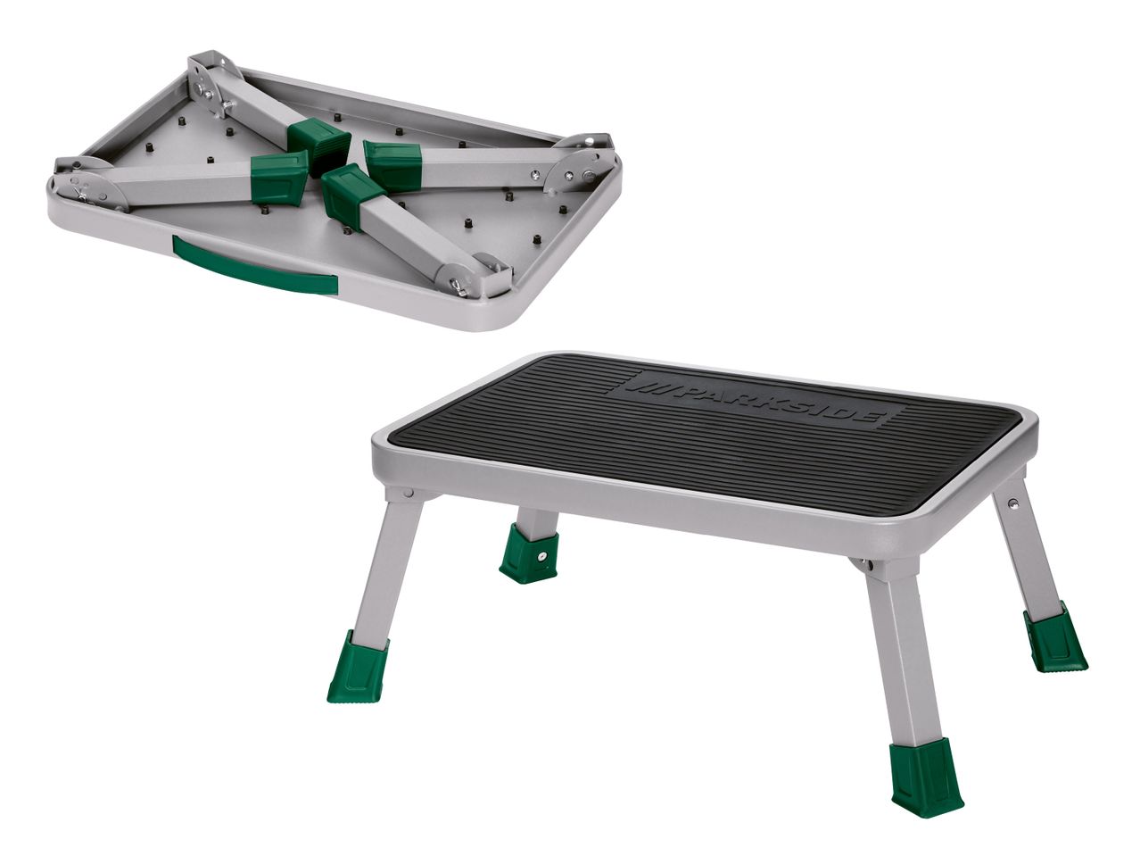 Klappbarer Tritthocker in Grau und Grün, einmal zusammengeklappt und einmal aufgebaut.