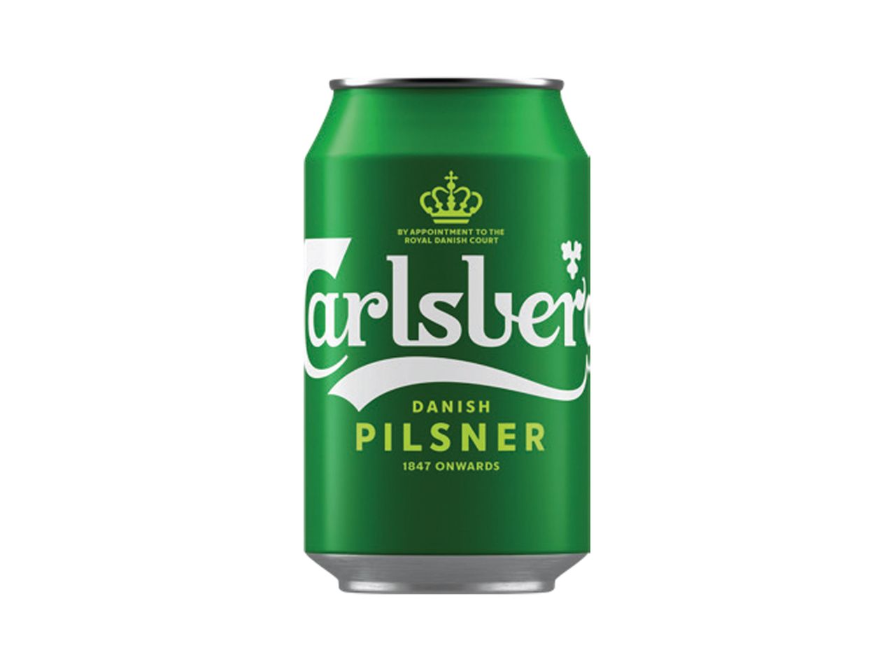 Zelena limenka Carlsberg Danish Pilsner piva sa krunom i tekstom „BY APPOINTMENT TO THE ROYAL DANISH COURT“.