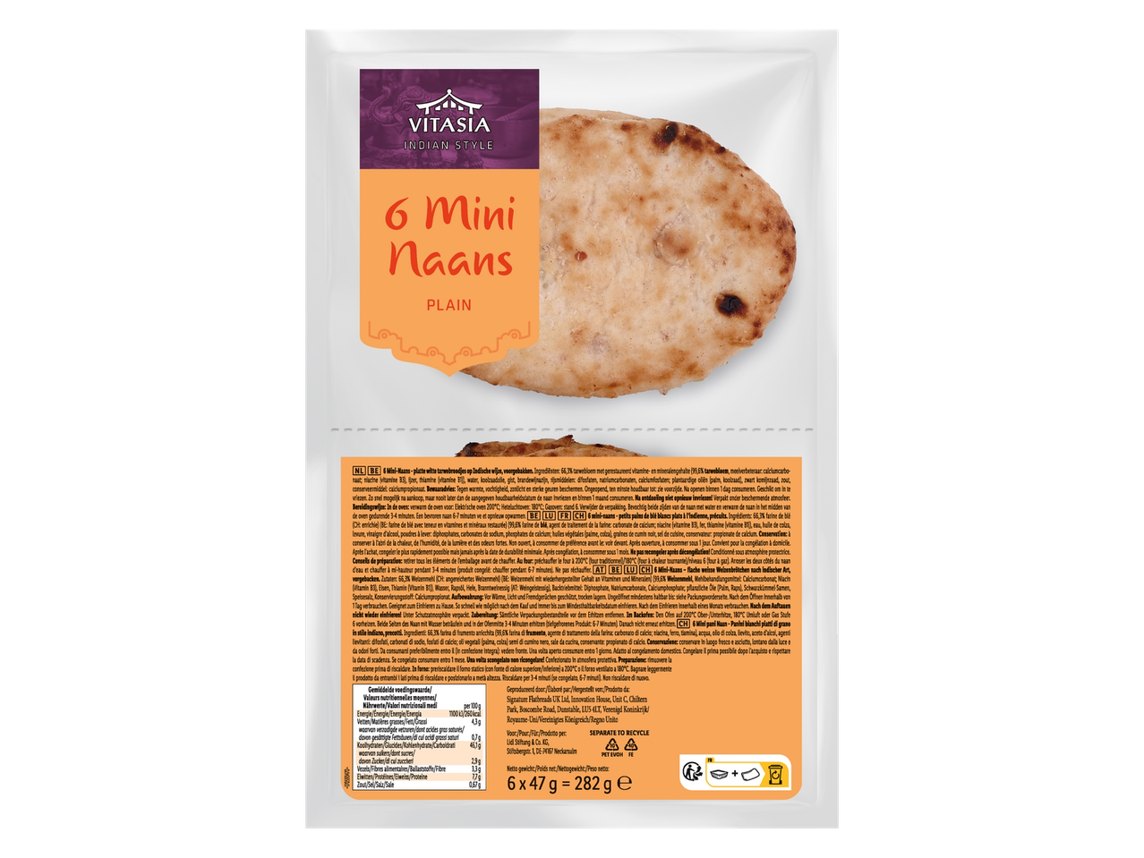 Vitasia 6 Mini Naans, naturel, Indiase stijl, met voedingsinformatie en bereidingsinstructies.