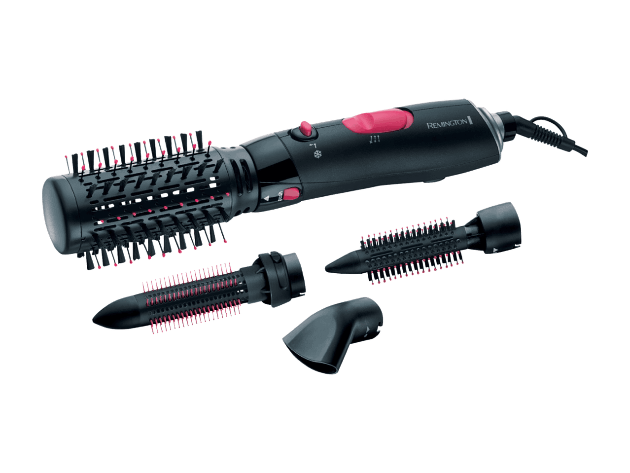 Remington-kuivausharjasetti, jossa on useita vaihdettavia harjaspäitä ja suutin.