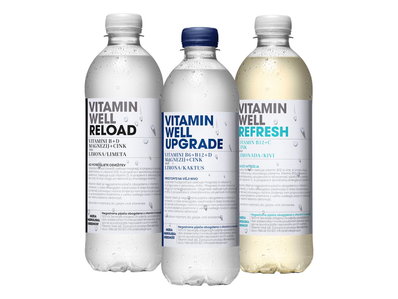 Tri steklenice Vitamin Well pijač: Reload, Upgrade in Refresh, z okusi limone/limete, limone/kaktusa in limonade/kivija.