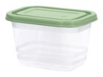 Rectangular clear food storage container with a light green lid.