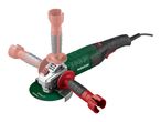 Parkside angle grinder with three handle positions, including two ghosted.