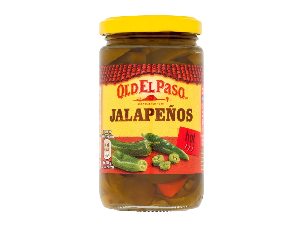 A jar of hot sliced jalapeños with a yellow lid.